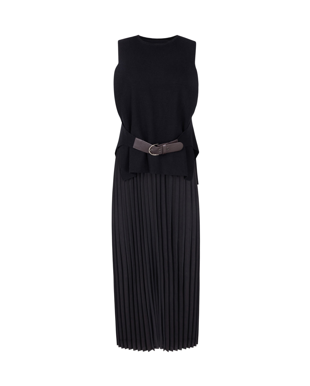 Pleated Dress With Knit Vest Overlay W-16333