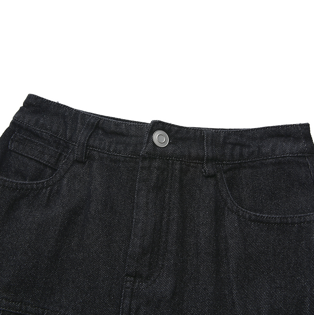 Black Denim Front Fly Midi Skirt