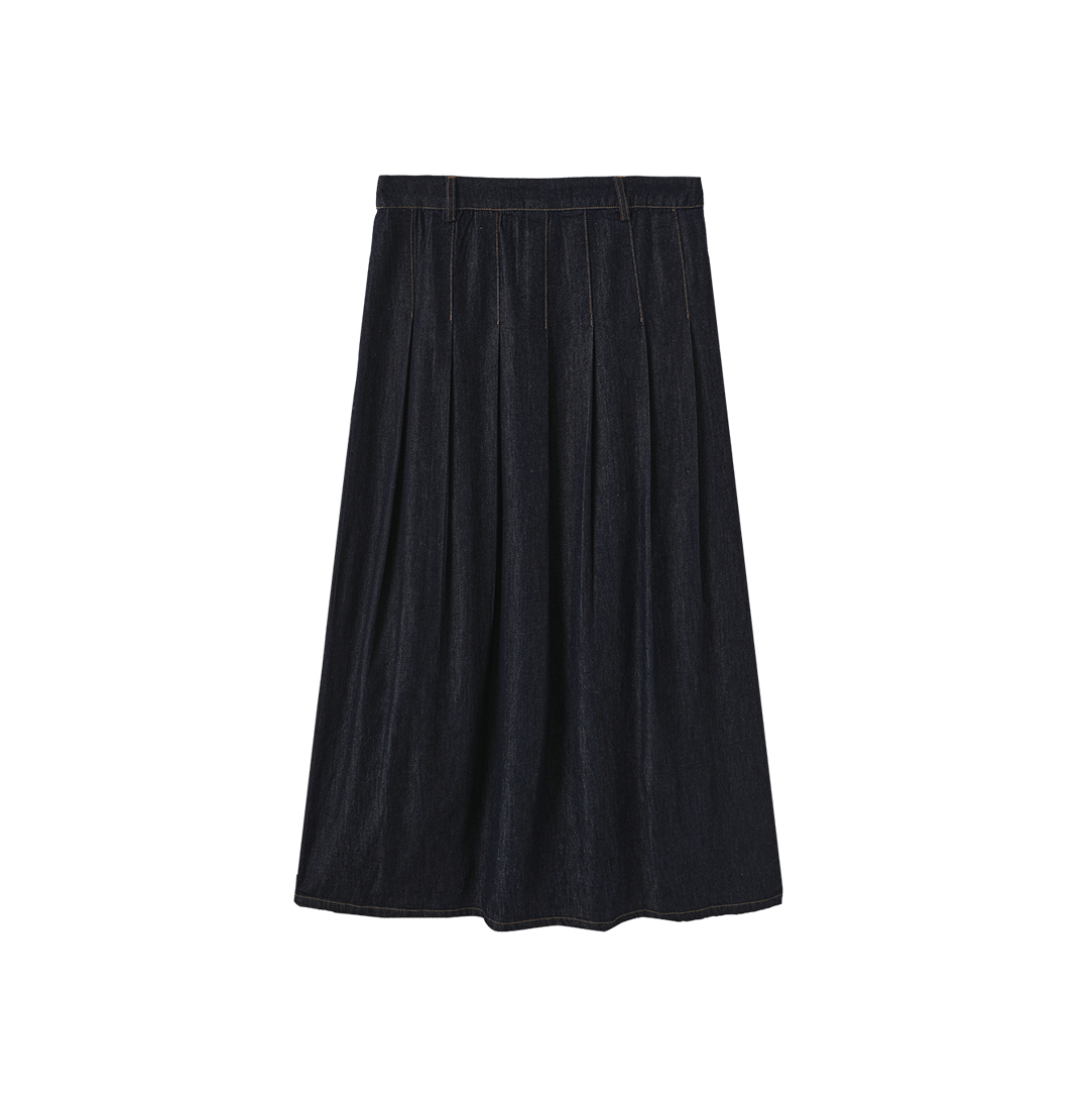 Wide Pleat Fly Denim Skirt