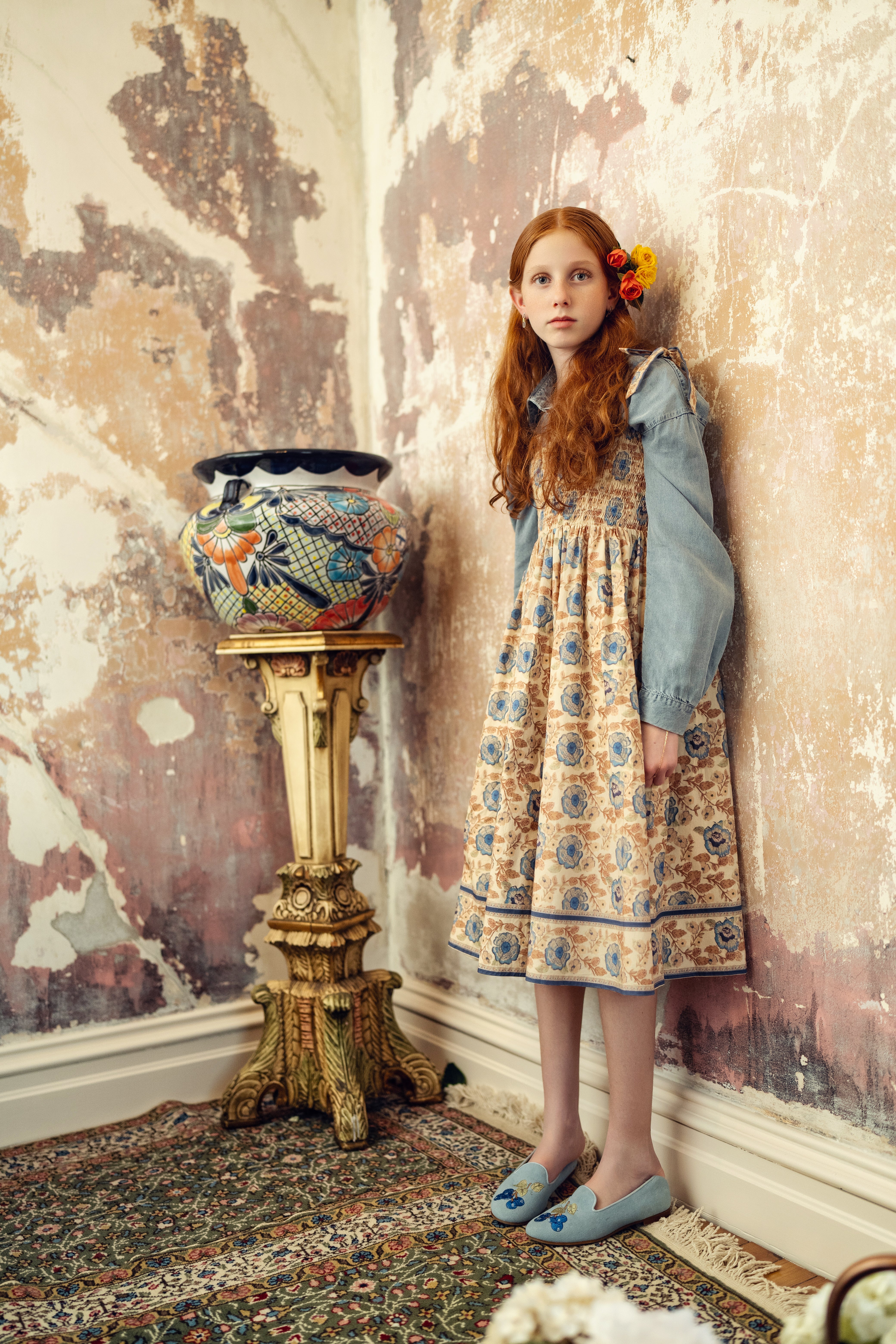 Fin - Smocked Top Big Print Midi Dress