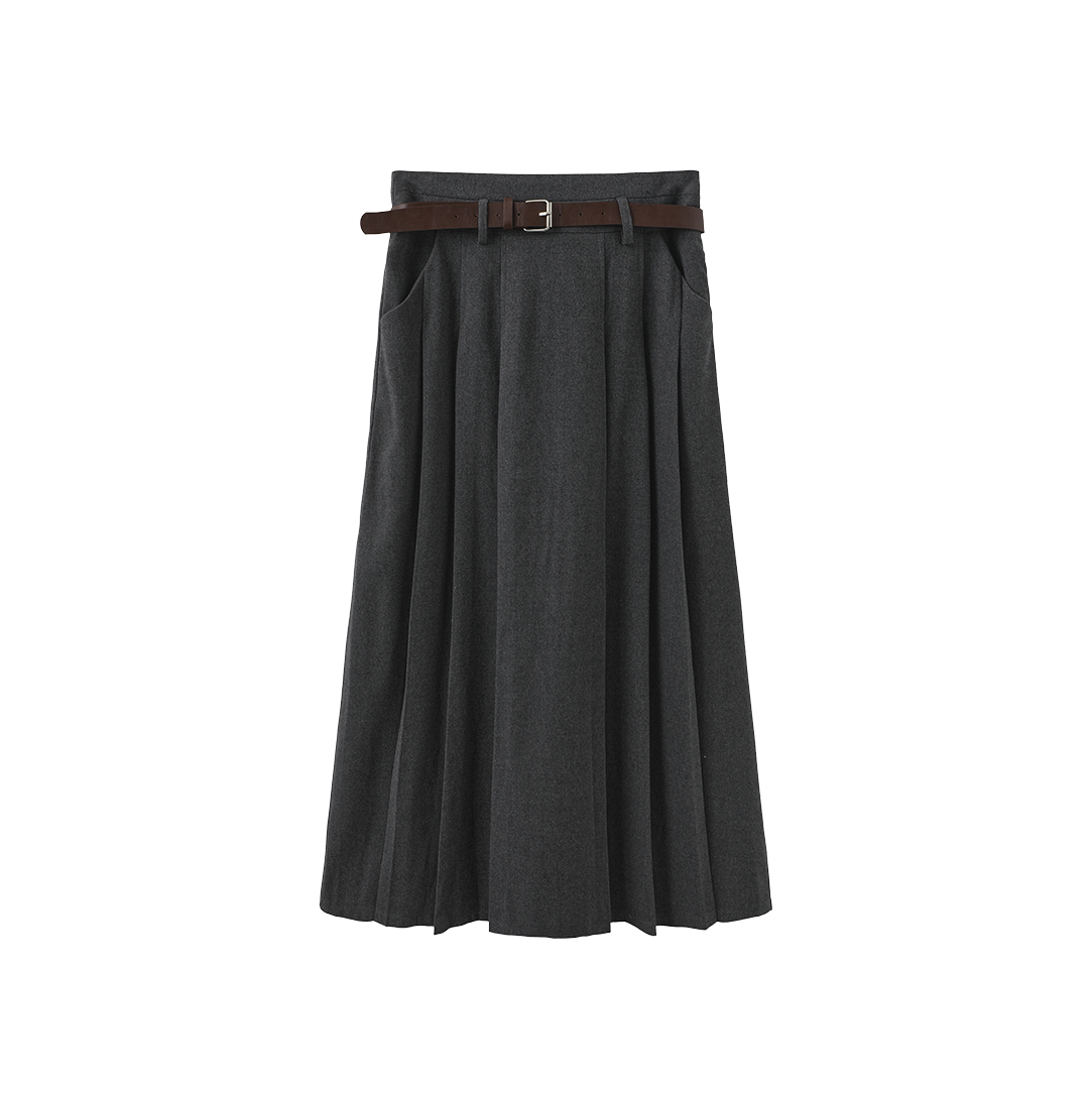 Wool Pleated Belted Skirt