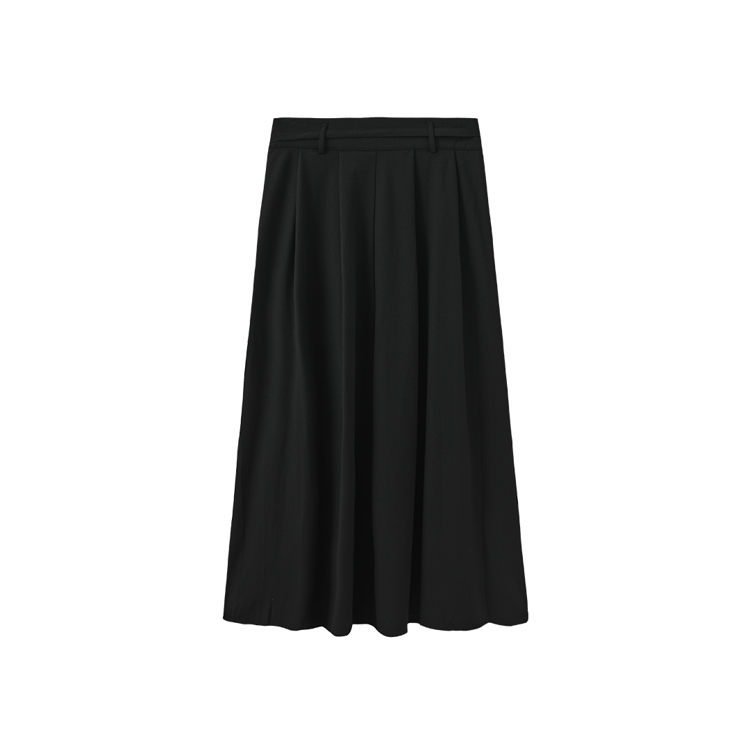 Belted Pleated Wool Skirt