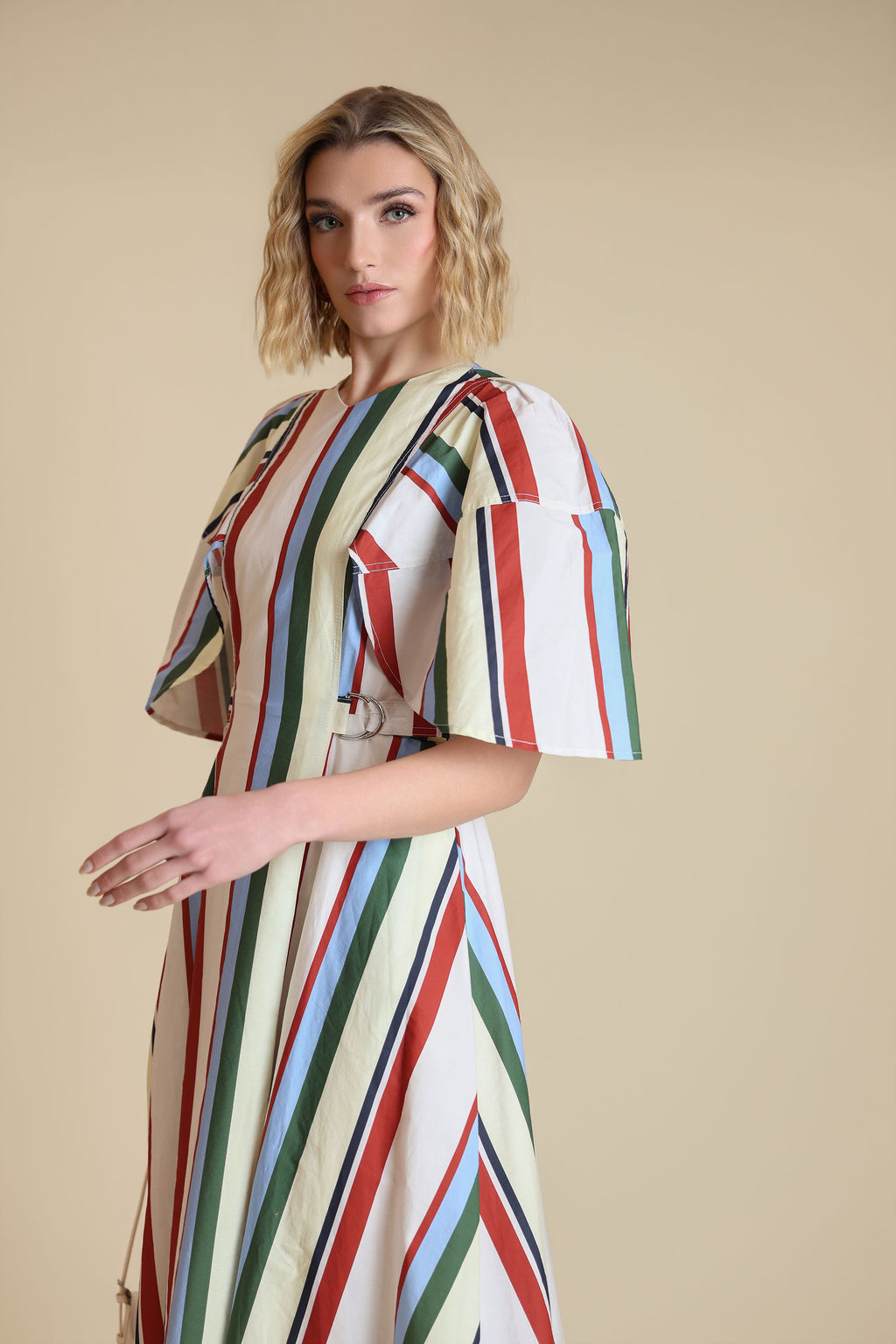 Poplin Striped Cape Sleeve Dress