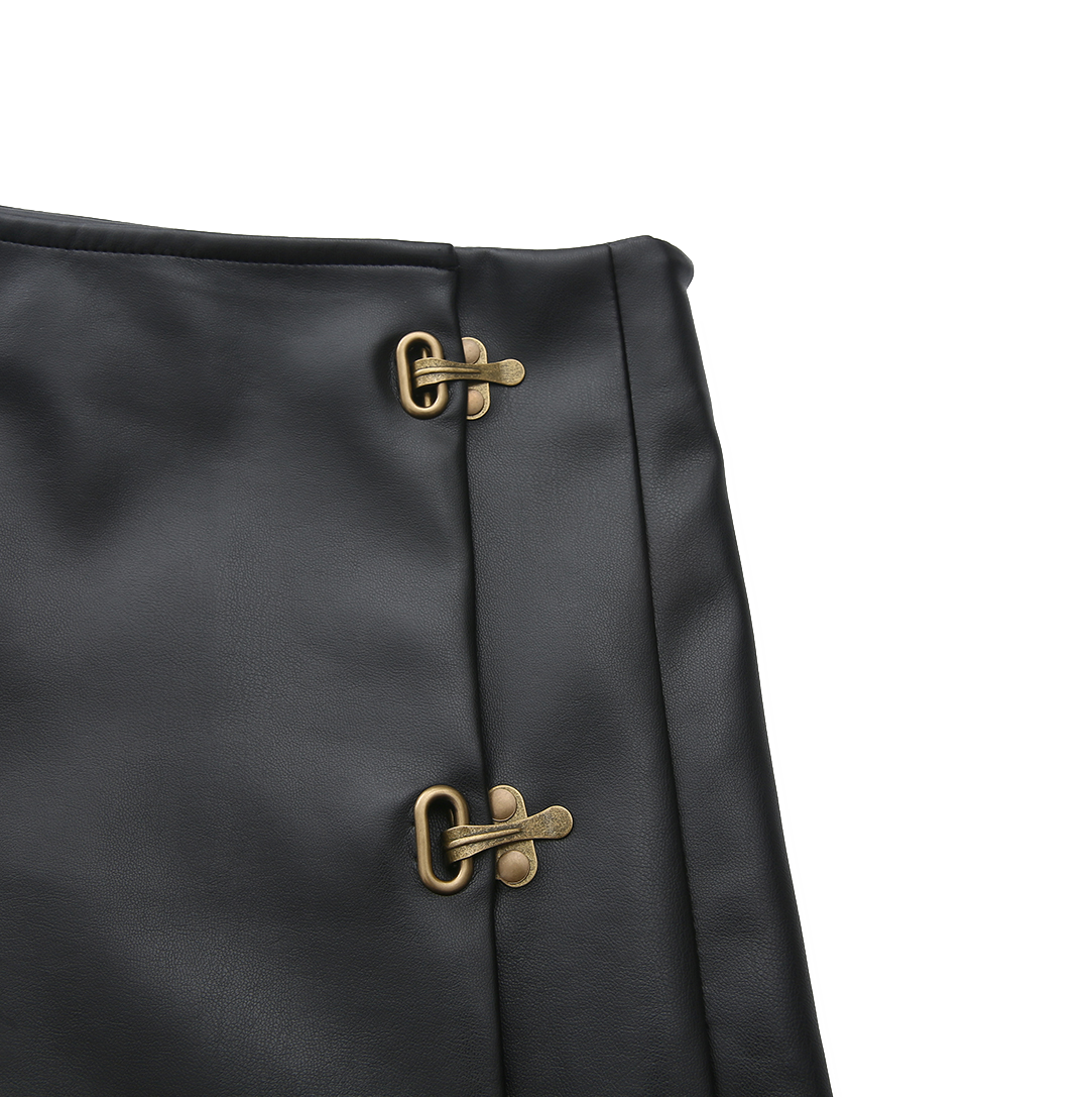 Side Pleat Buckle Leather Skirt