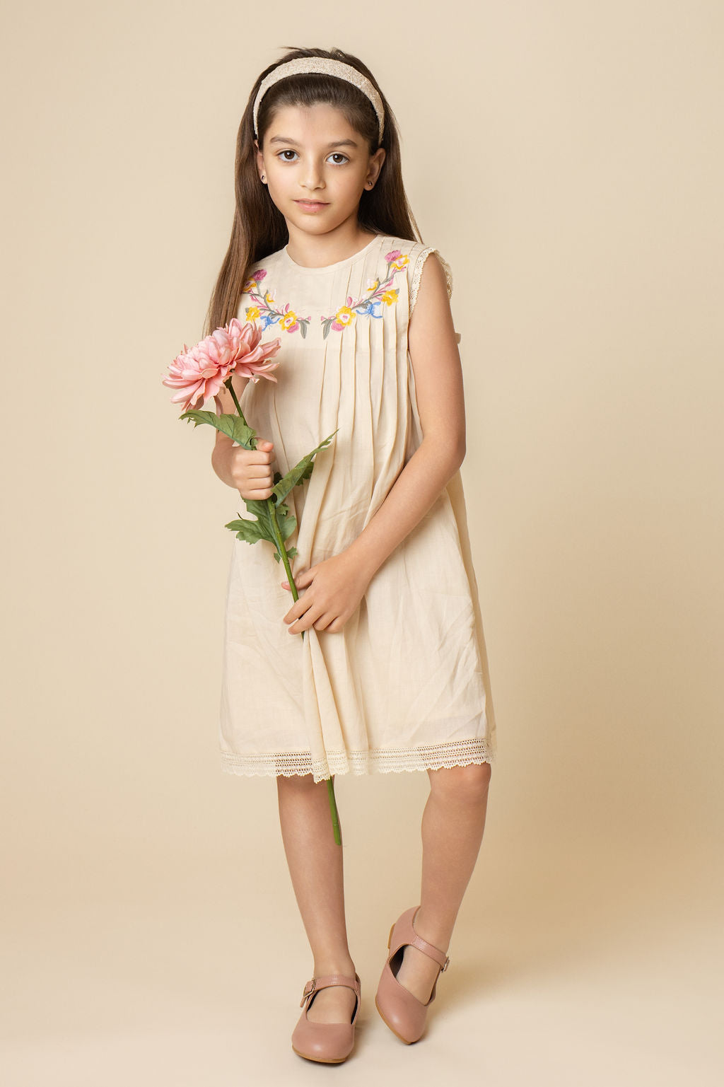 Pleated Embroidered Bow Detail Dress