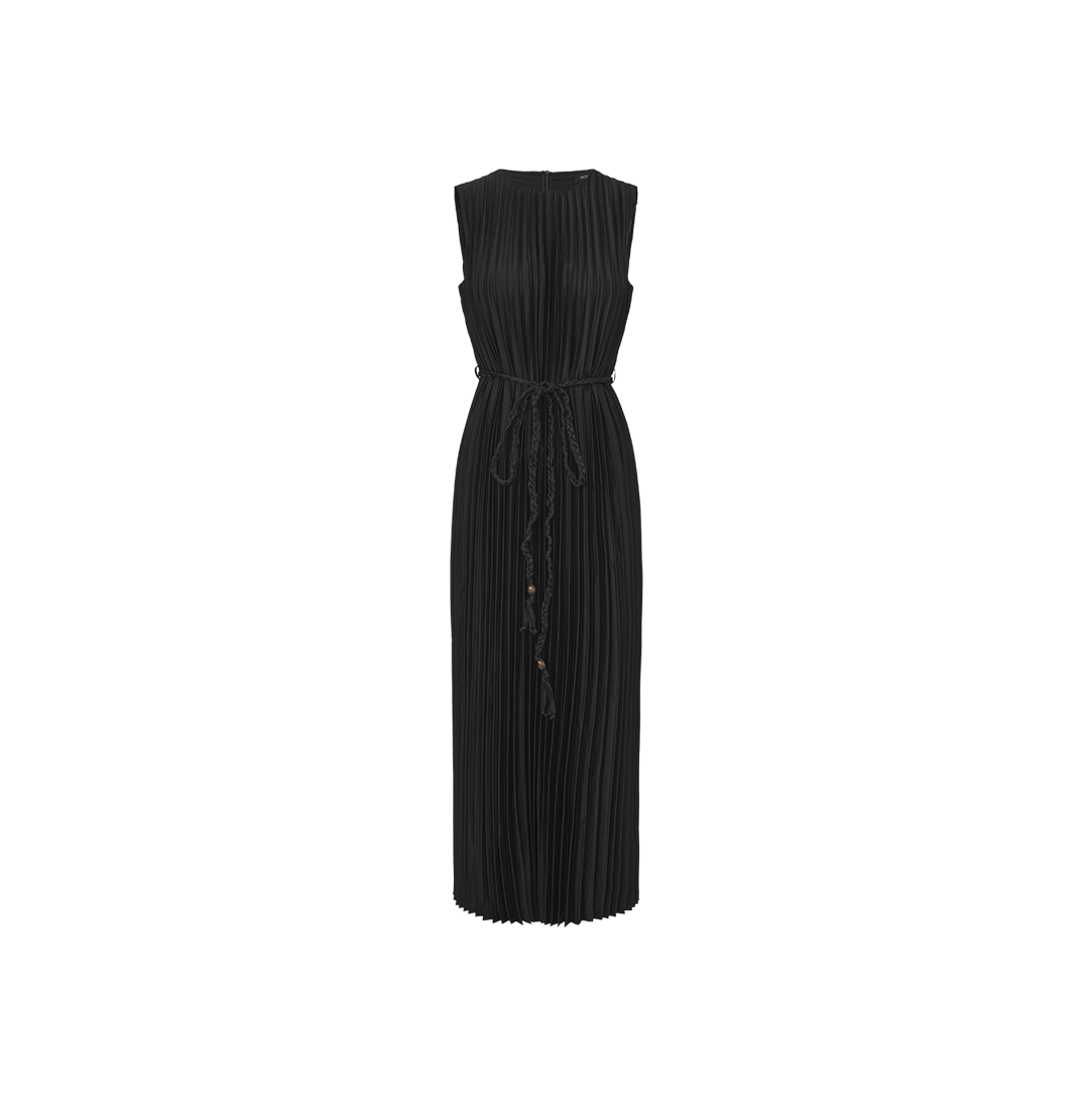 Satin Pleated Belted Dress