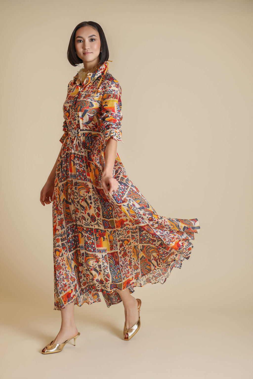 Belted Print Maxi Dress