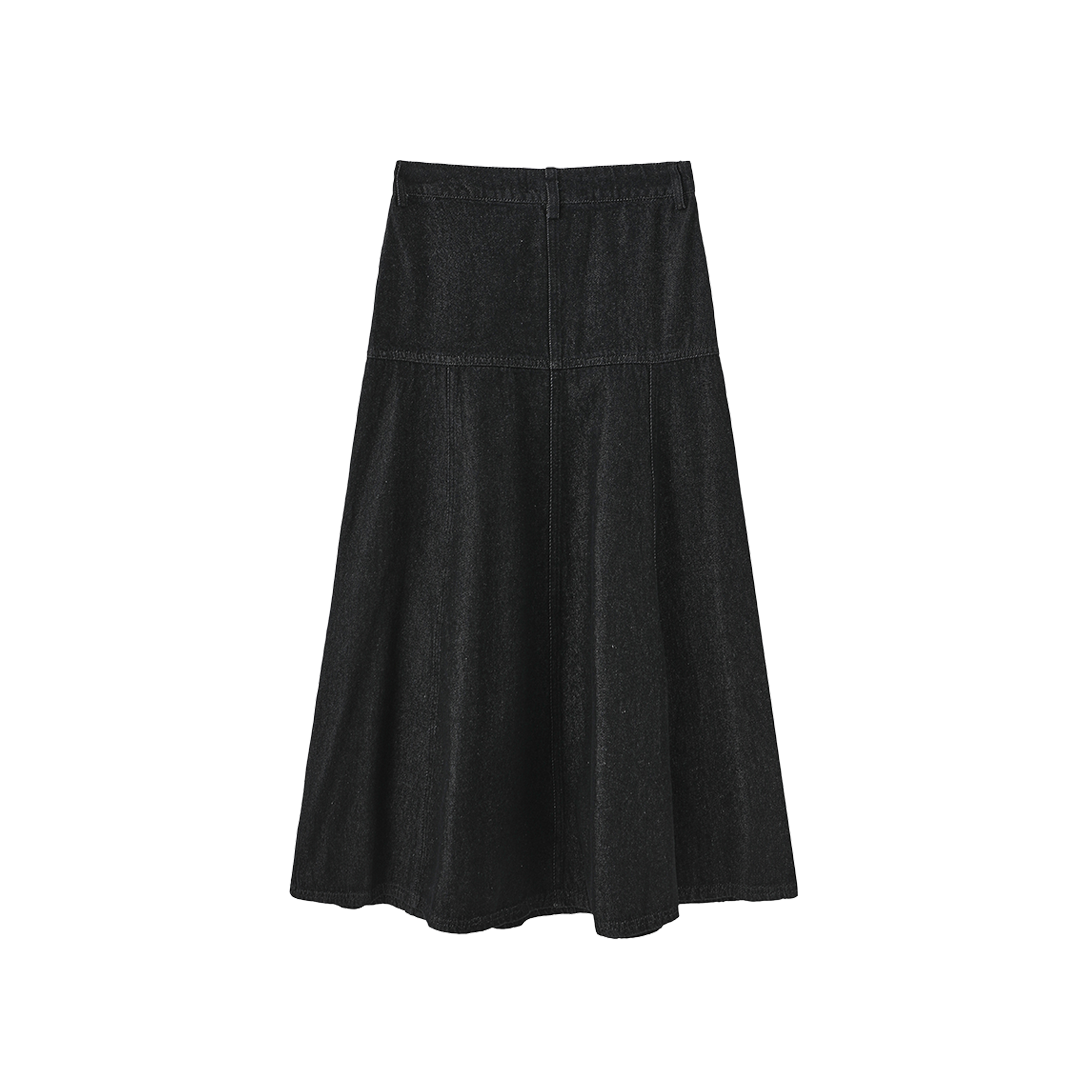 Black Denim Front Fly Midi Skirt