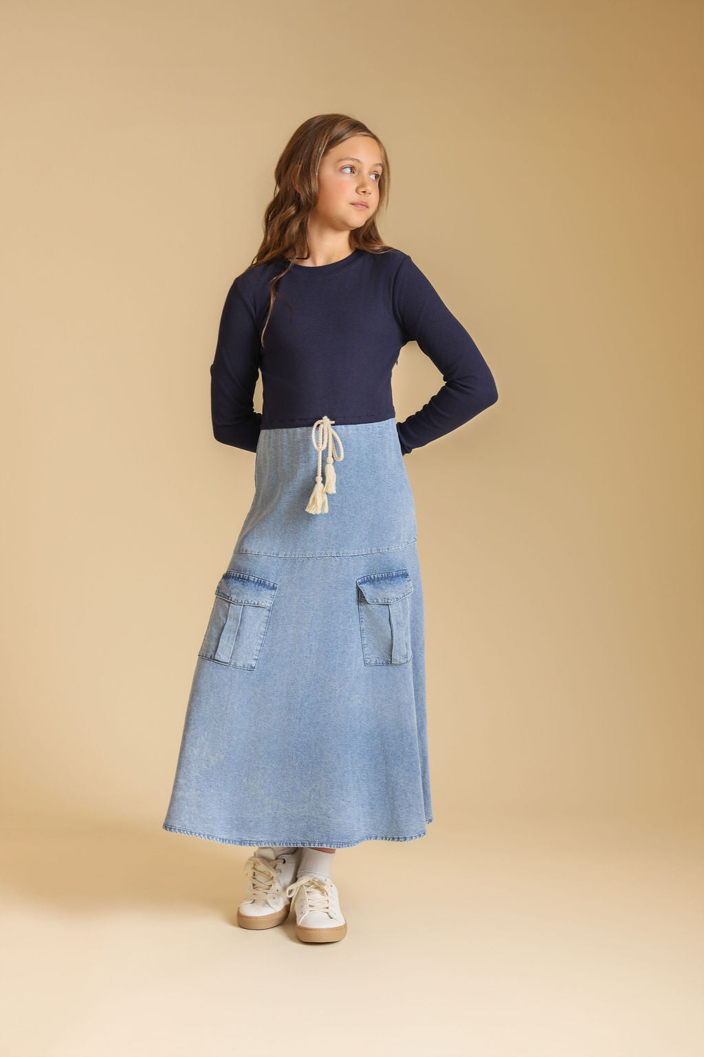 Ribbed And Chambray Pocket Dress