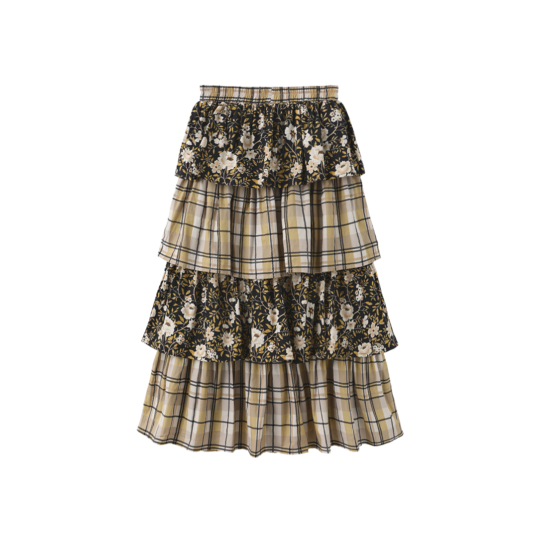 Contrast Plaid-Floral Ruffle Maxi Skirt