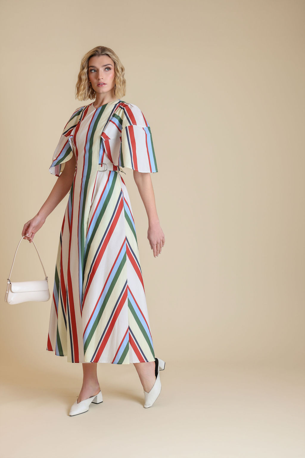 Poplin Striped Cape Sleeve Dress