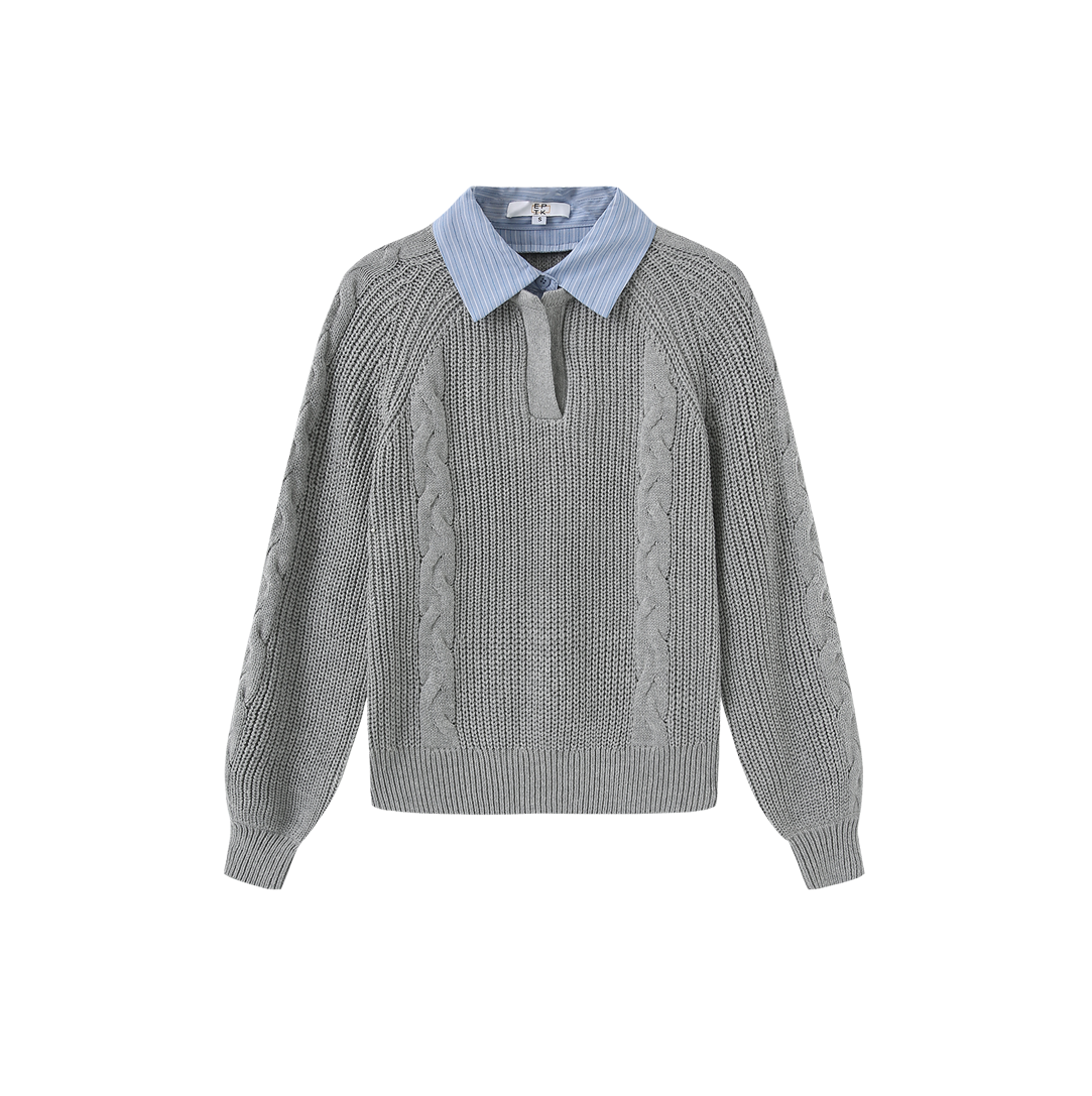 Cable Knit Stripe Collar Sweater