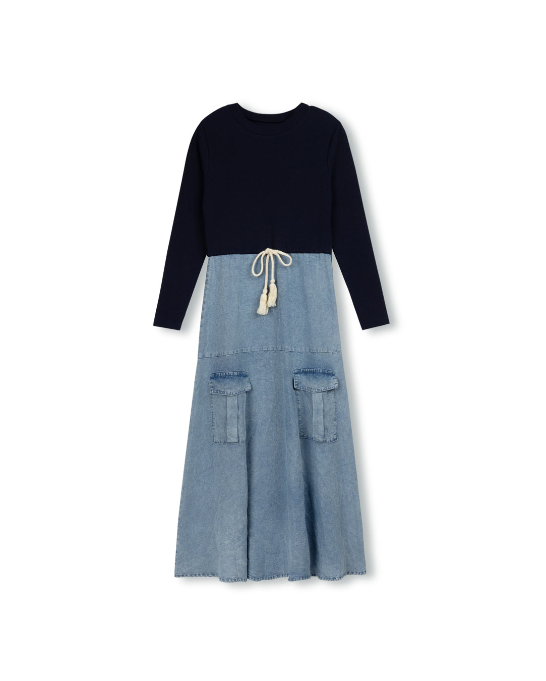 Ribbed And Chambray Pocket Dress