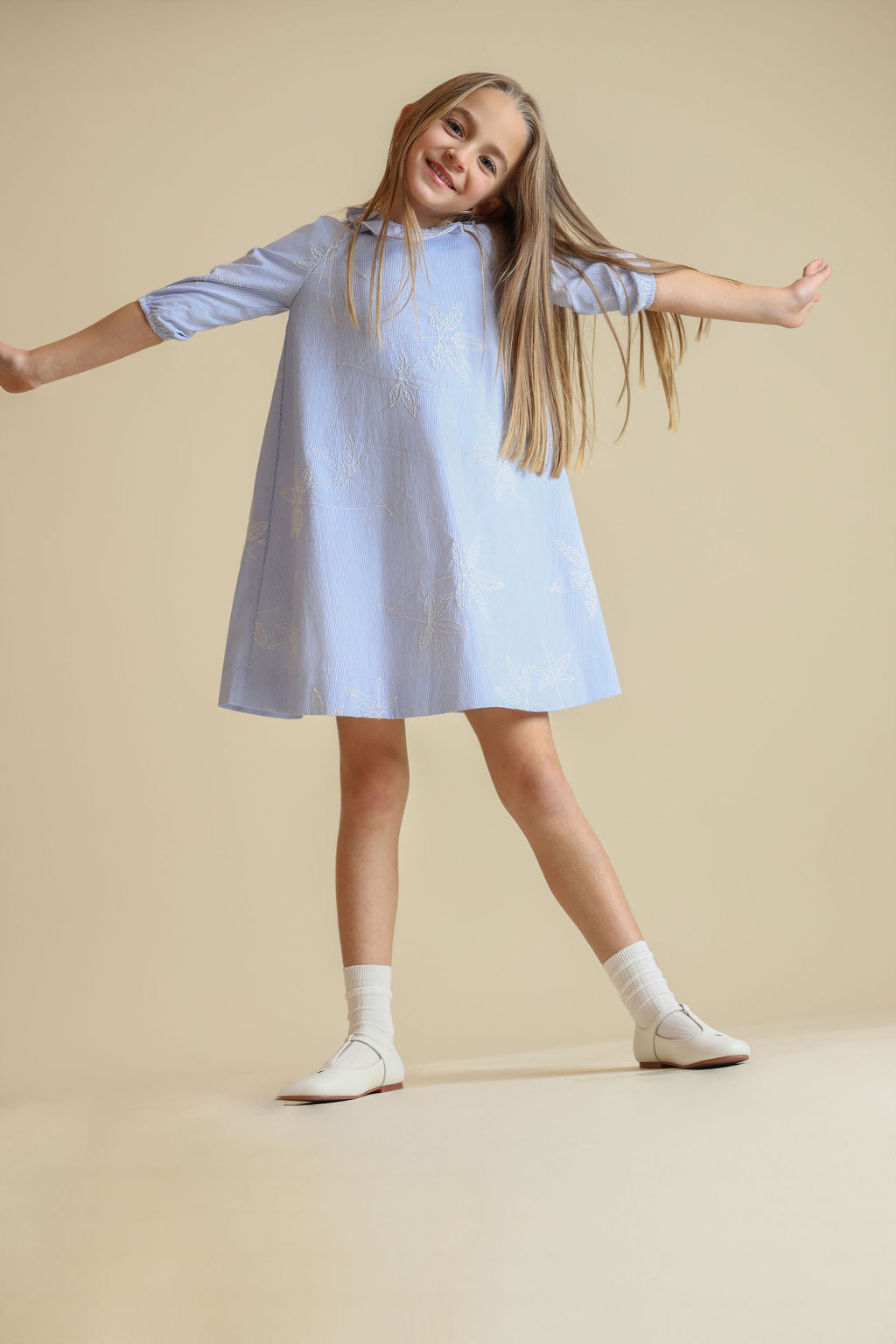 Pinstriped Ruffle Collar Swing Dress