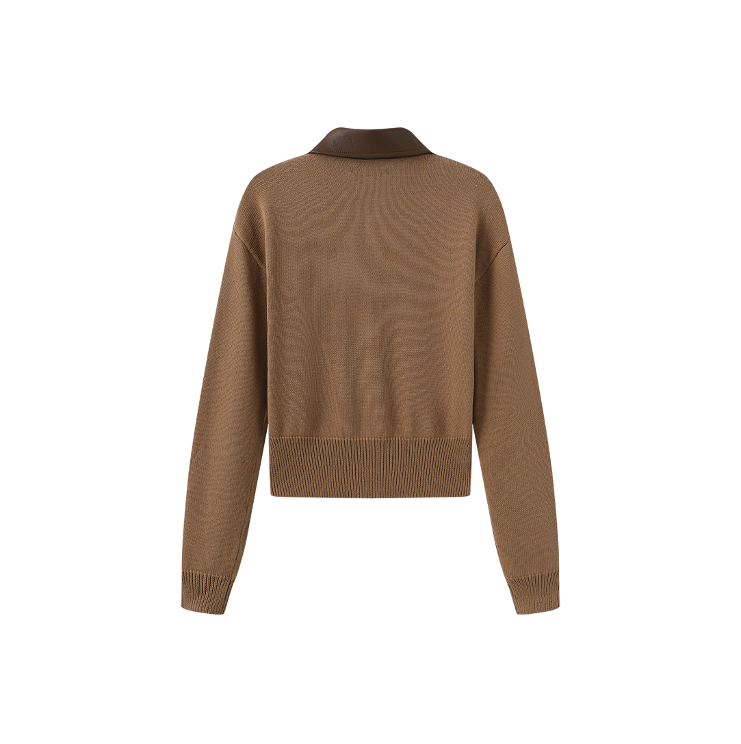 Leather Collar Knit Zip Sweater