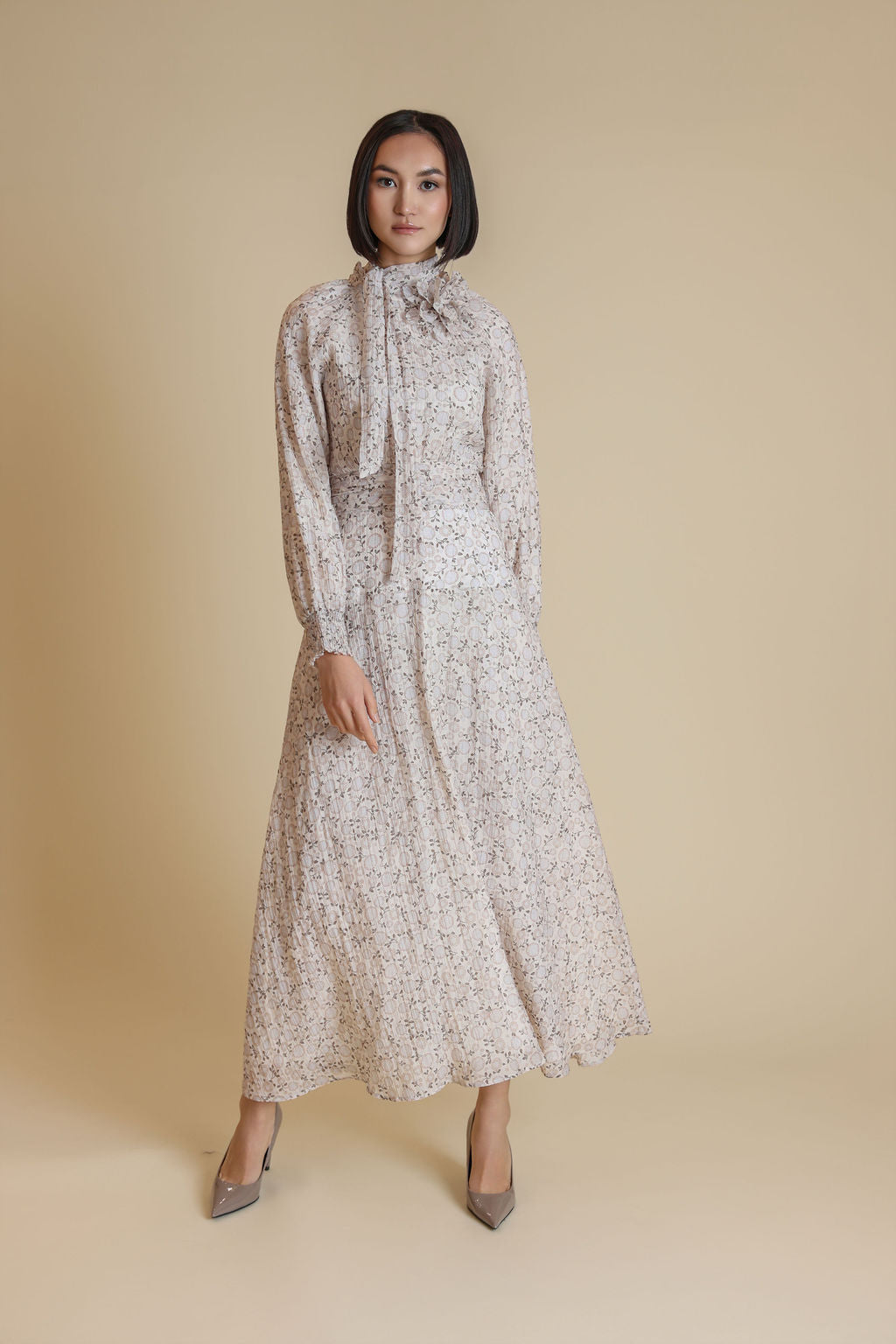 Silk Polka Dot Flower Tie Maxi Dress