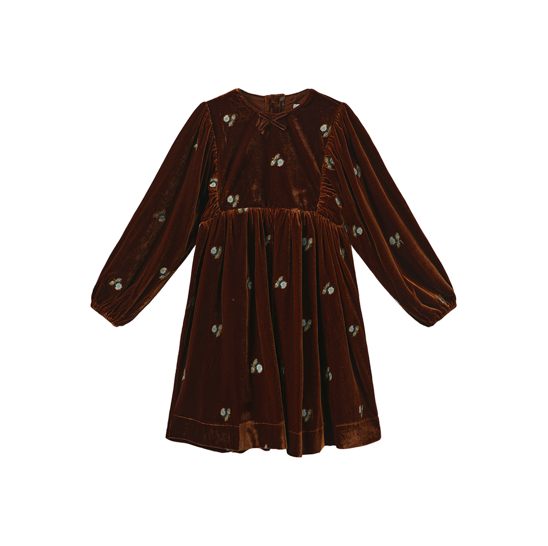 Embroidered Velvet Neck Bow Dress
