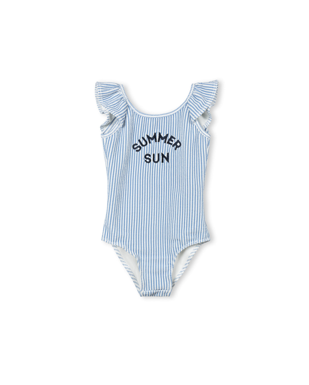 Seersucker Ruffle Trim Logo Swimsuit