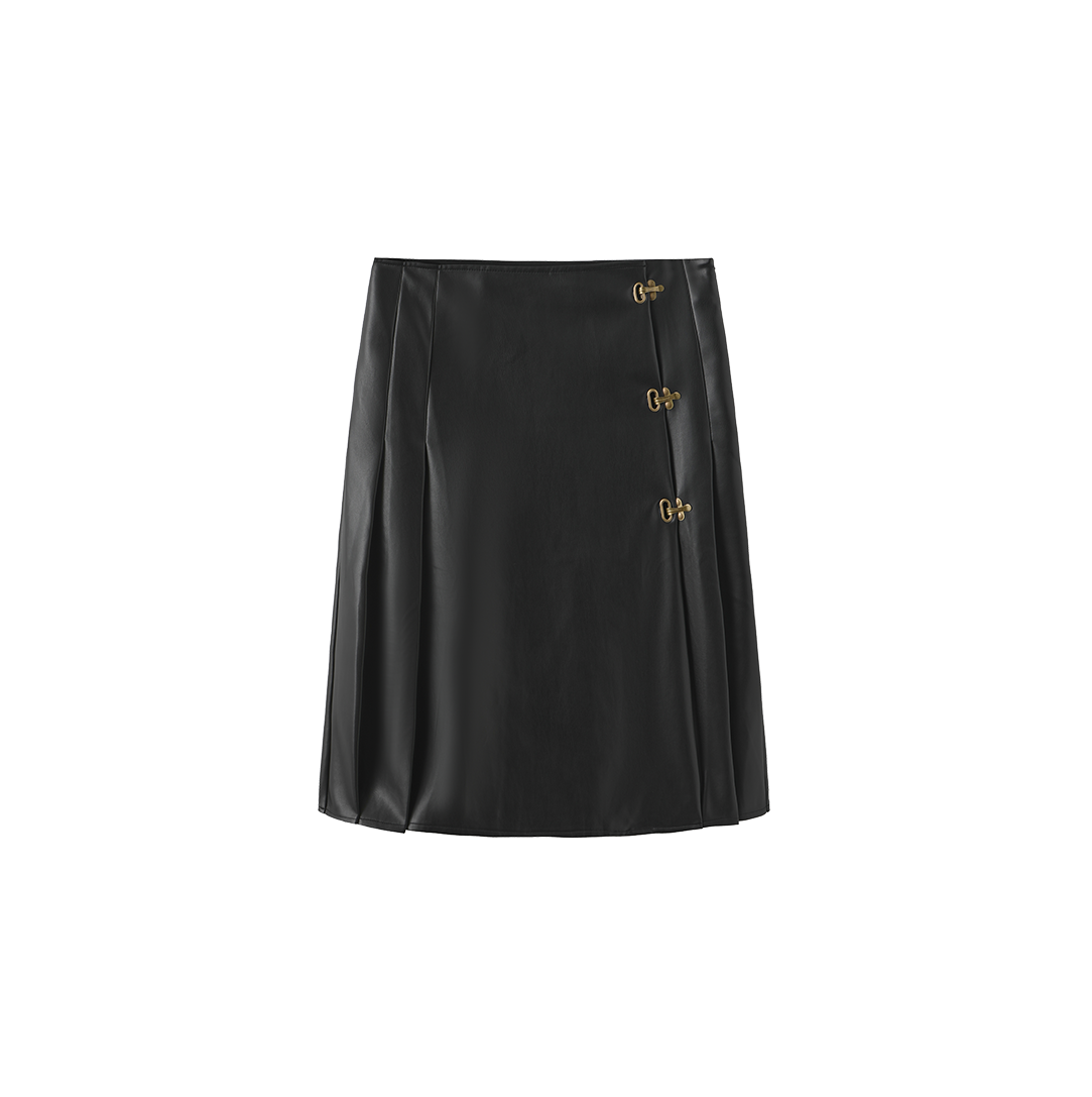 Side Pleat Buckle Leather Skirt
