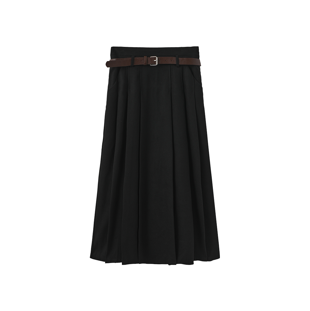 Wool Pleated Belted Skirt