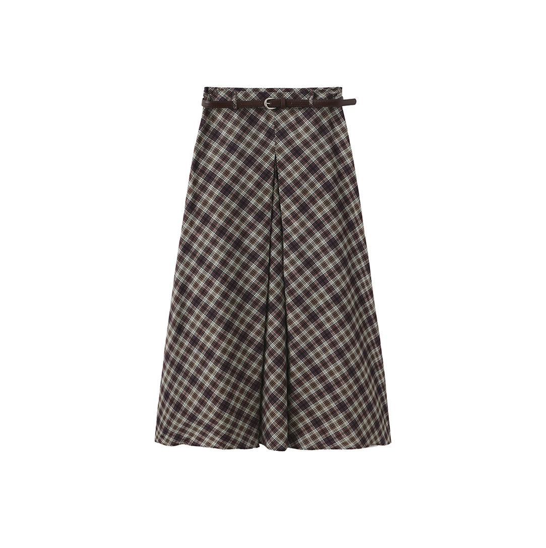 Kick Pleat Plaid Belted Skirt