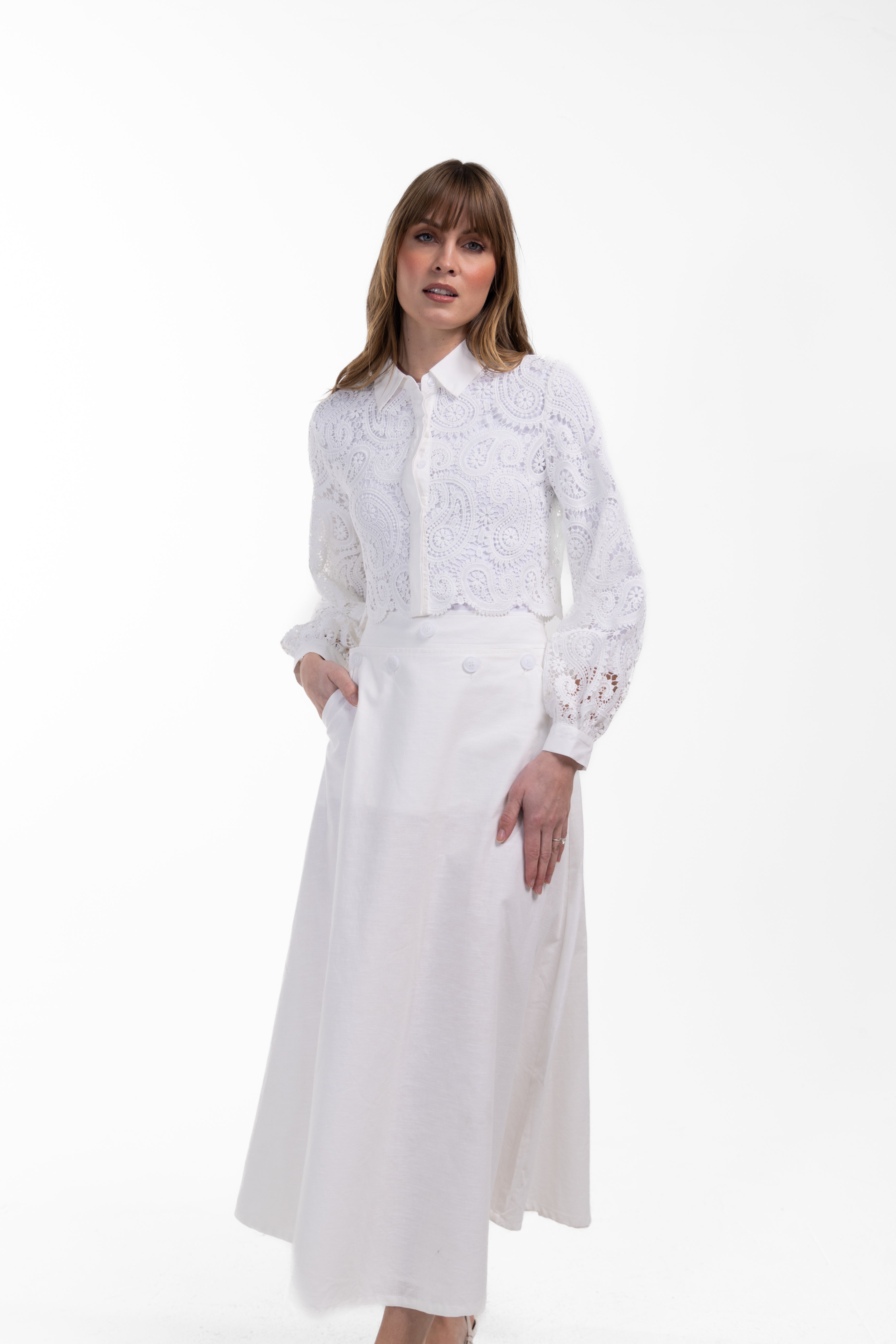 Linen Button Front Skirt W-17402