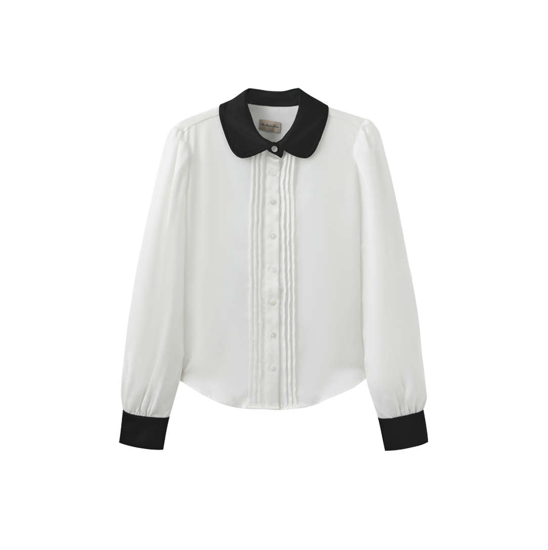 Contrast Collar Pleated Blouse