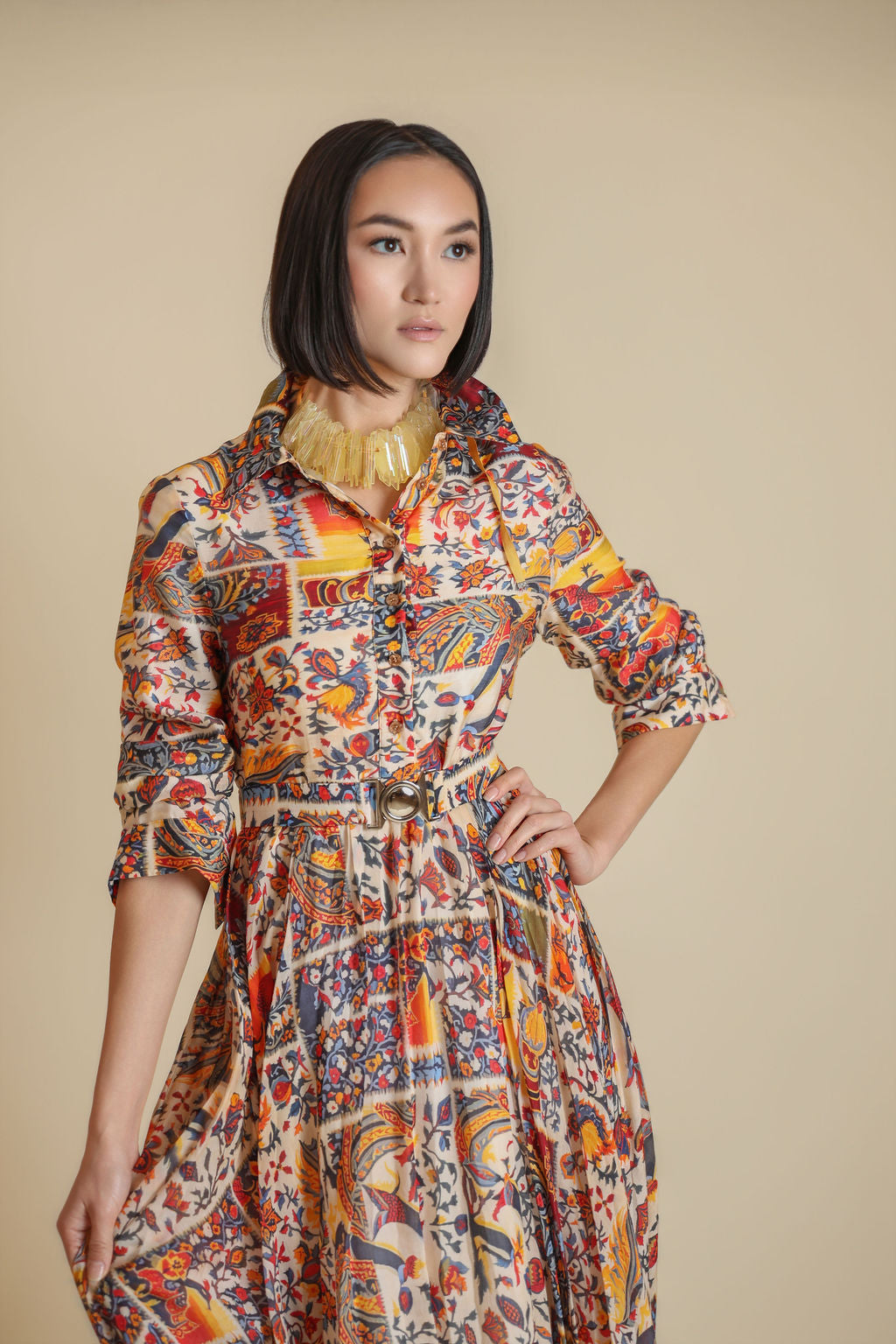 Belted Print Maxi Dress