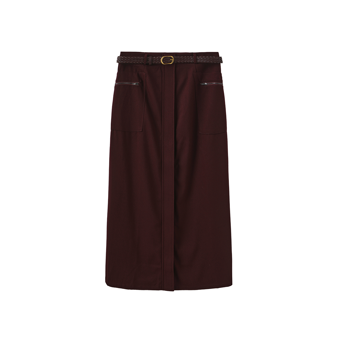Belted Pocket Wool Skirt