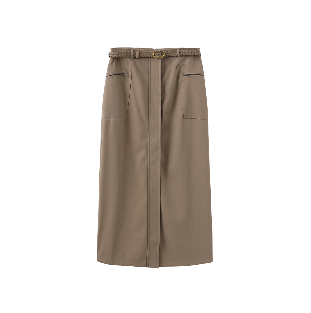 Belted Pocket Wool Skirt