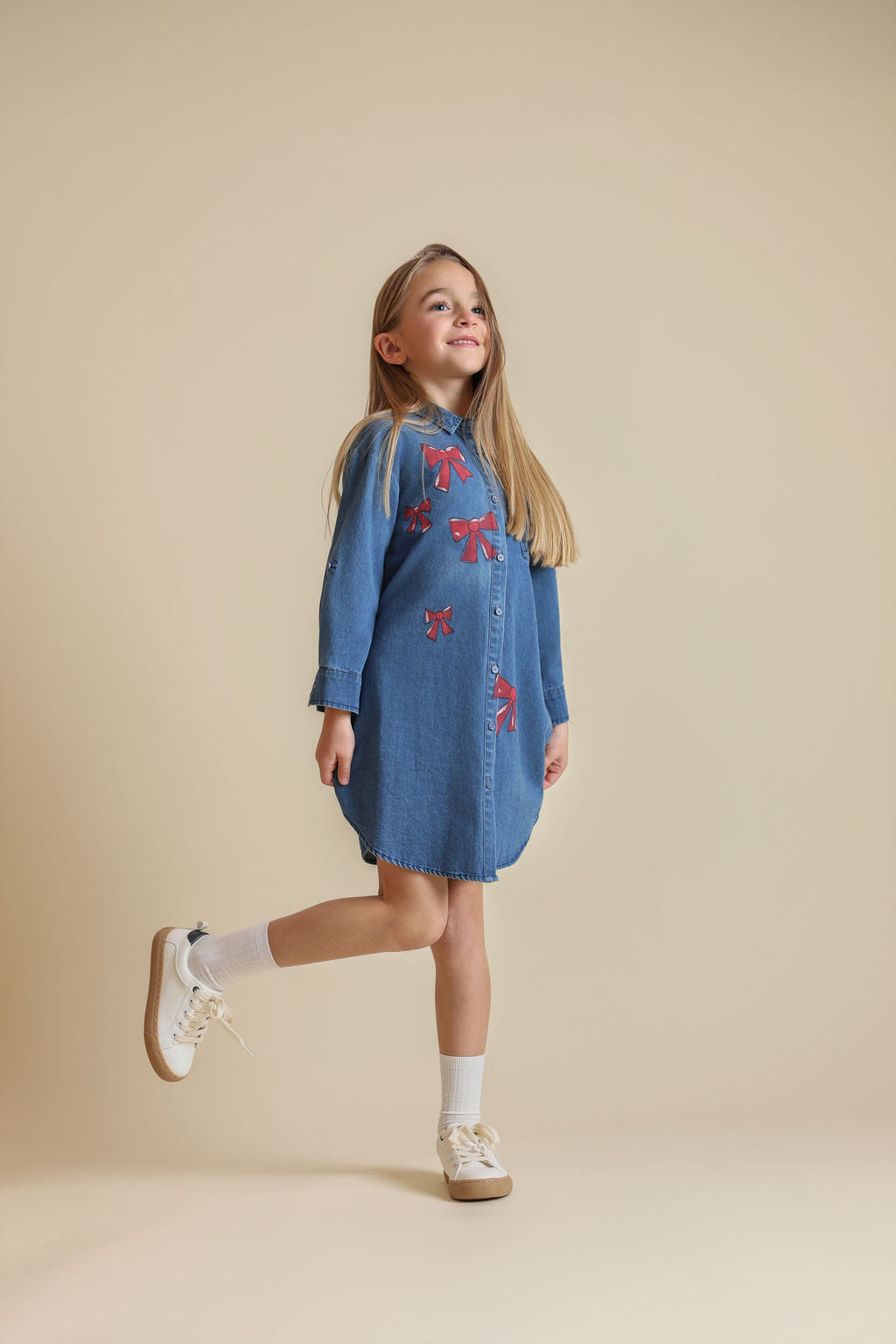 Denim Bow Print Shirt Dress - Junees