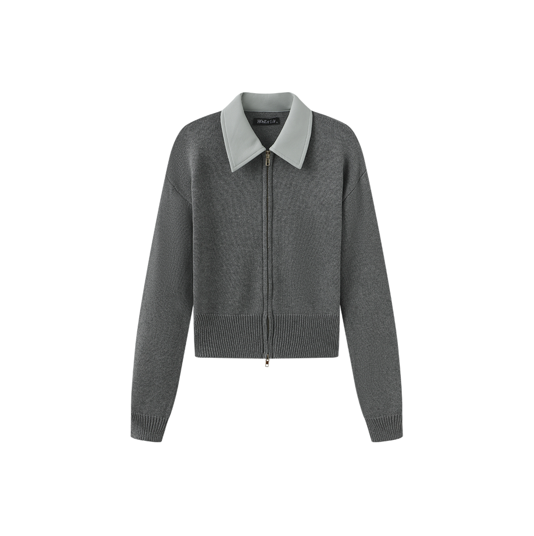 Leather Collar Knit Zip Sweater